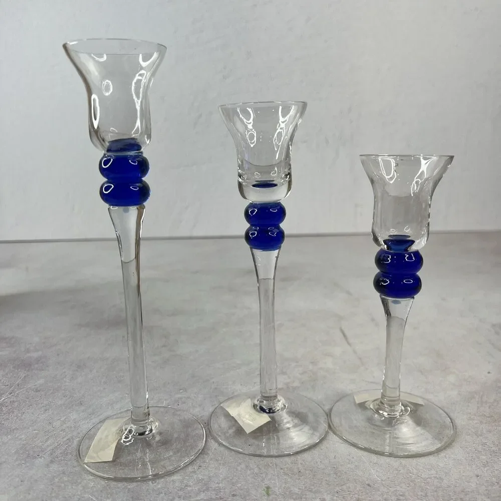 Home Trends MCM Candleholders Glass Set Of‎ 3 Clear & Blue
